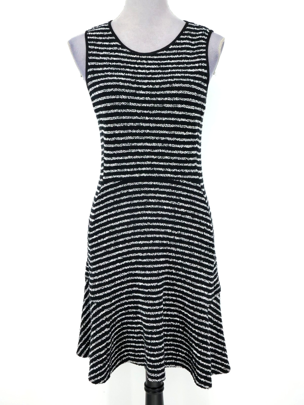 Theory Dress Womens 6 Black White Stripe Cotton Knit Fit n Flare Ruffle Hem